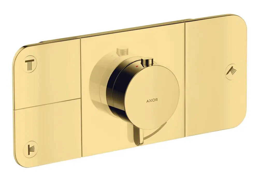 Thermostatmodul in Polished Gold Optic von AXOR für die Wandmontage mit Steuerungselement für drei Verbraucher und symbolischen Darstellungen.